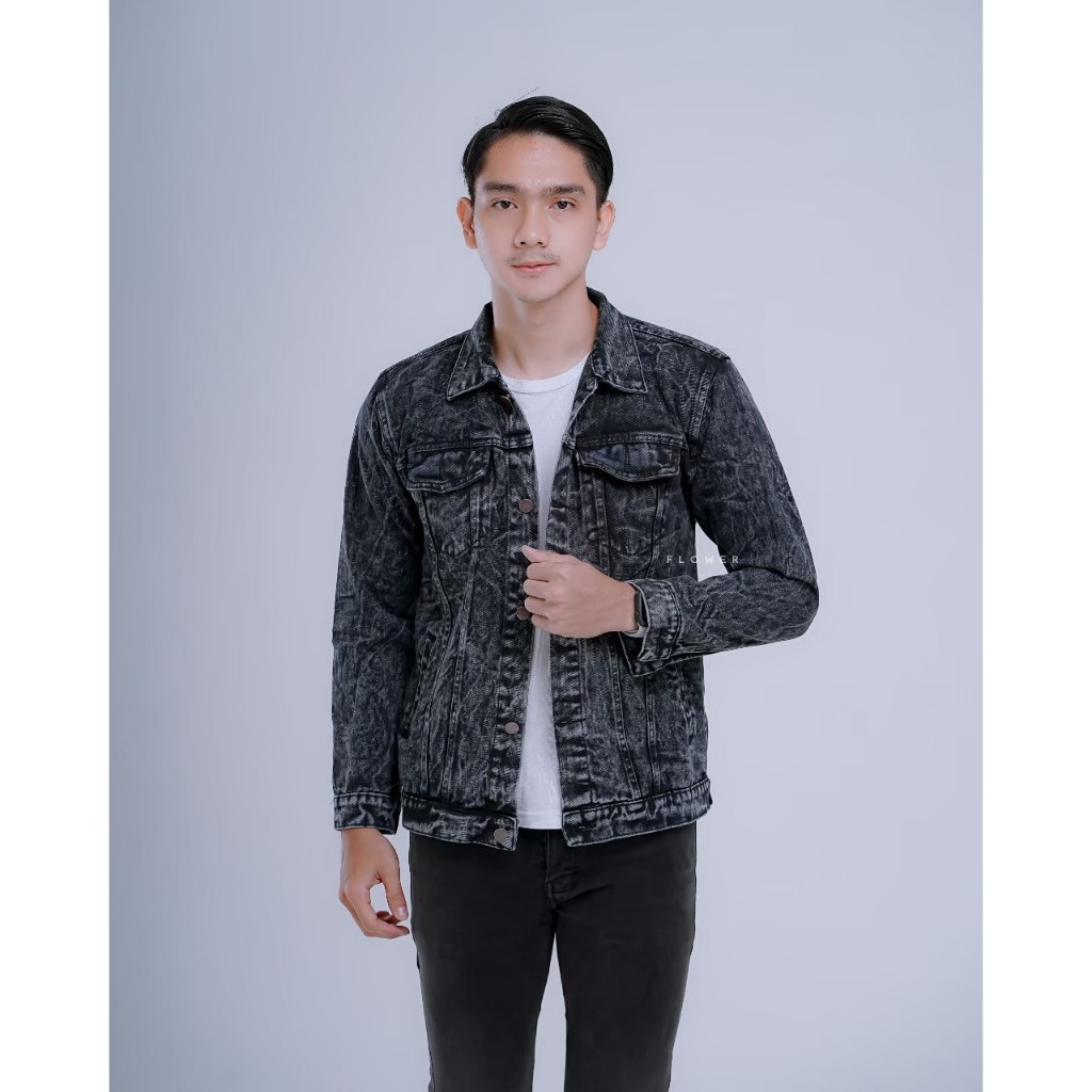 SIXTEEN - Jaket Jeans SnowBlack Pria Wanita Denim Premium Flower Country Original