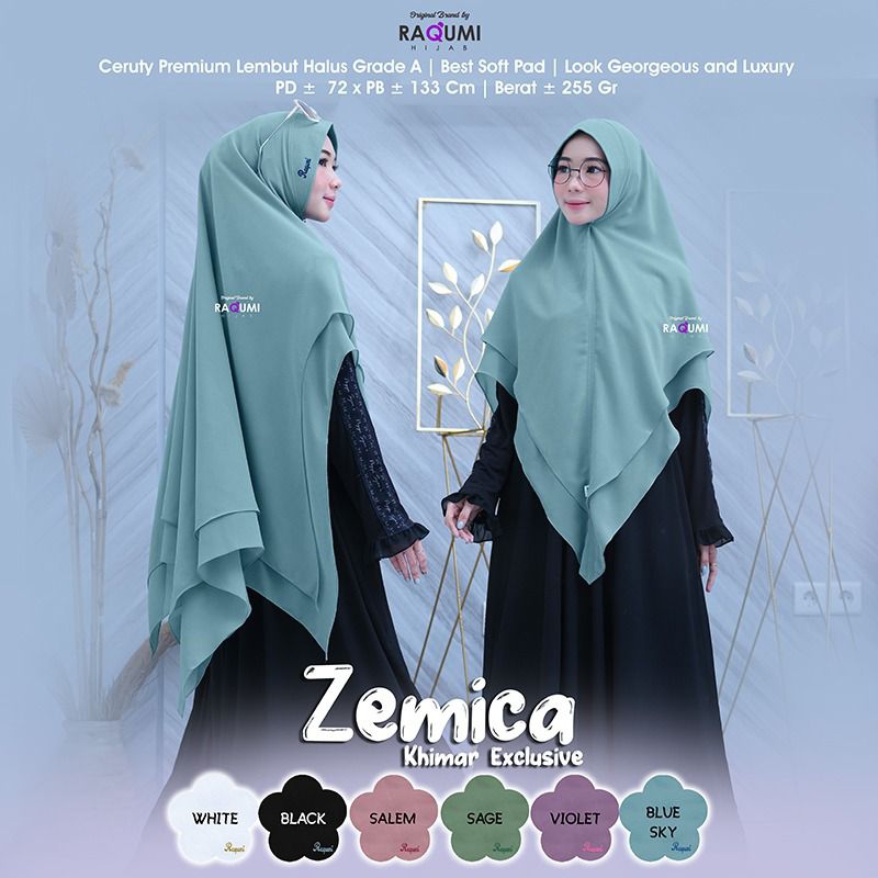 ZEMICA KHIMAR EXCLUSIVE RAQUMI ORIGINAL | KHIMAR BEST SOFT PAD | KHIMAR  CERUTY SALEM HITAM PUTIH SA