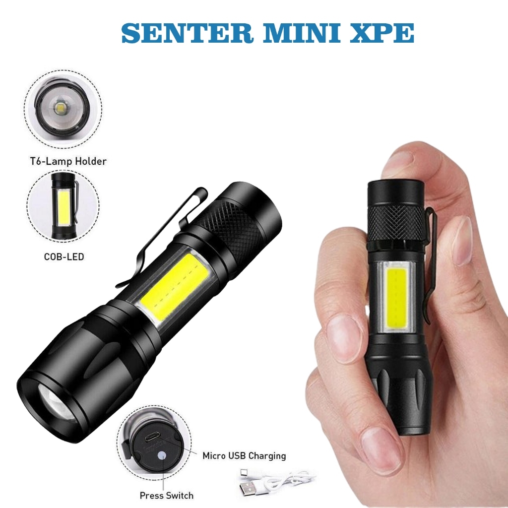 SENTER MINI XPE LED Zoom Cob Swat Police Light Portable Rechargeable 3 Mode 88000 Watt Panjang 10 cm