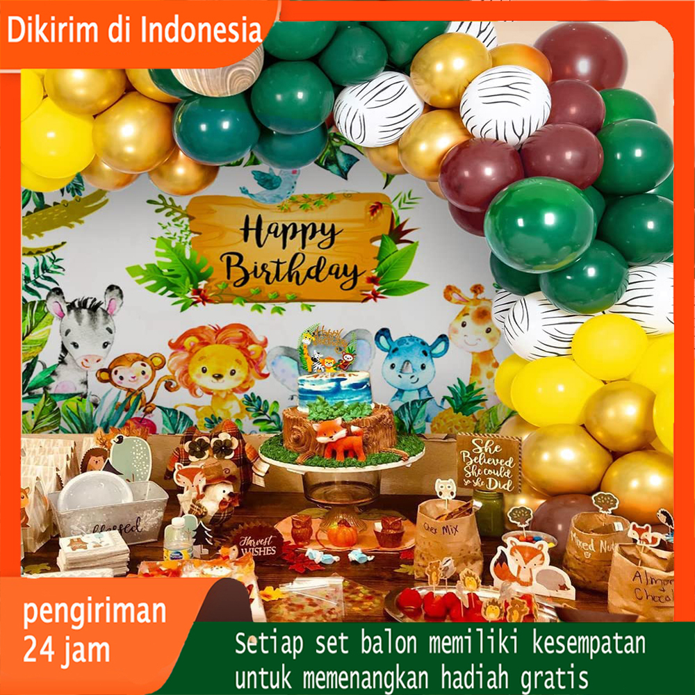 Set Balon Dekorasi Pesta Ulang Tahun Tema Safari Hutan Poster Spanduk Selamat Ulang Tahun 3D Balon H