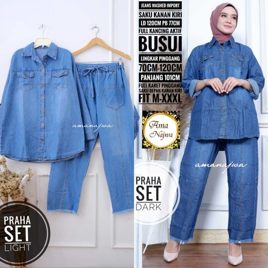 praha setelan 1 one set oneset stelan setcel atasan jeans washed wash jumbo bigsize over big size ld