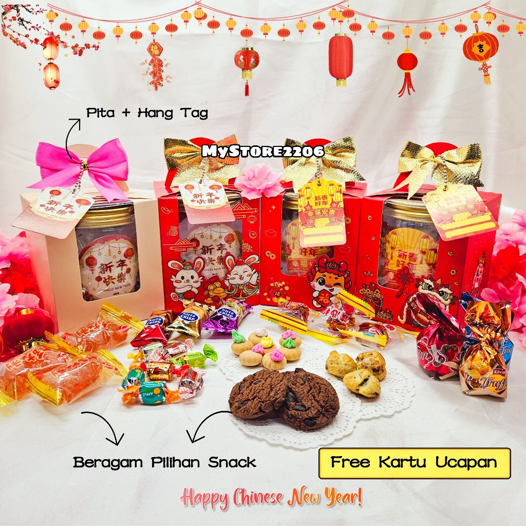 

1 JAR Hampers Parcel Chinese New Year Tahun Baru Imlek 224 Permen Jelly Cokelat Cookies Kue Kering Choco Chips Gem Rose Soes Chocolate isi 1 Jar 6ml Hampers Chinese New Year murah