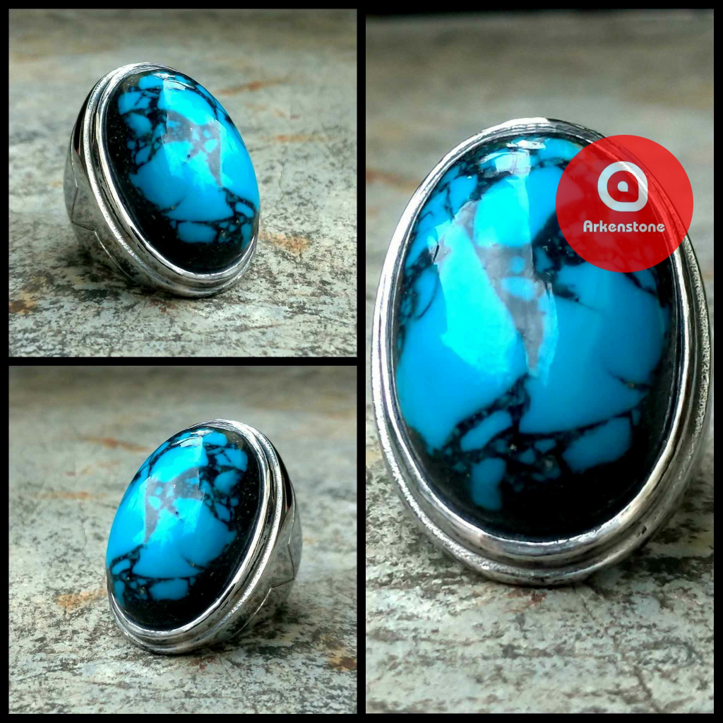 Cincin Batu Akik Pirus Biru Serat Unik