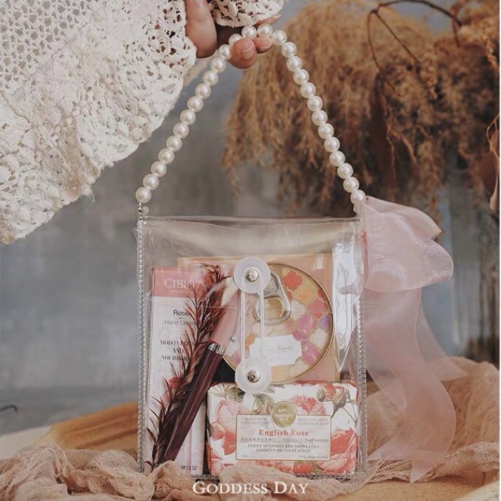 

DiSkon Tas Hampers Tote Mika Transparan Pegangan Mutiara Bahan PVC