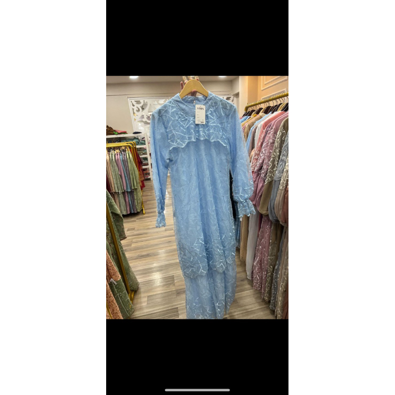 gamis dress bahan renda brokat ice blue