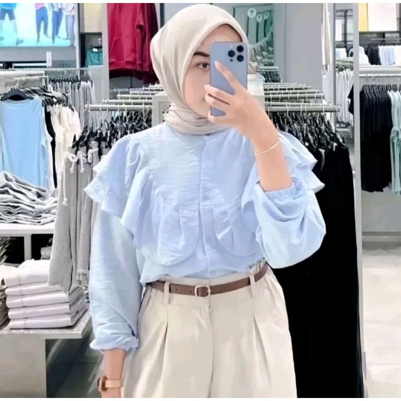 KEMEJA BLOUSE RUFFLE/BLOUSE RUFFLE POLO LINEN/KEMEJA WANITA RUFFLE TERLARIS