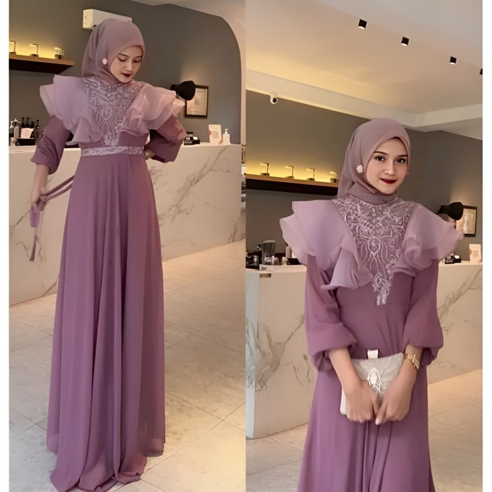 Vallinaoutfit - Meghan Maxy Dress Brokat Aksen Organza Cerutty Babydoll Gamis Wanita Muslim Pesta Ko