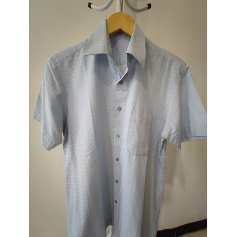 Kemeja Pria lengan pendek soft peach and light blue kotak2 katun linen sz XL LUWES LIKE NEW NO DEFEC