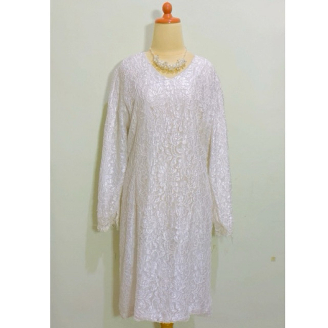 Dress long maxi gamis abaya Bahan Brukat brokat warna putih tulang broken white - White Dress 59666