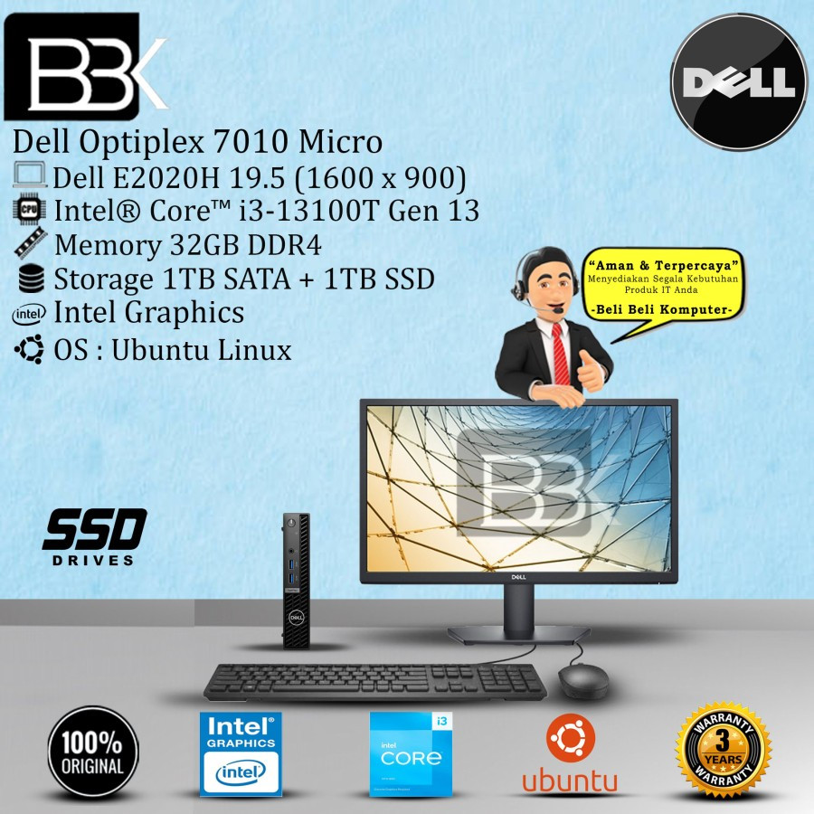 PC DELL Optiplex 7010 Micro i3-13100T 32GB 1TB+1TB SSD DOS E2020H 3YR