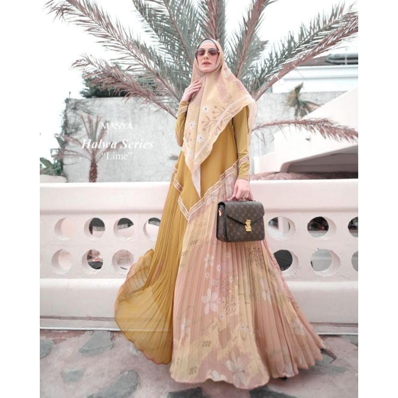 Set Gamis Dress Ceruty Babydoll Printing Premium Syari Branded Merah Maroon - Broken White - Ungu - 