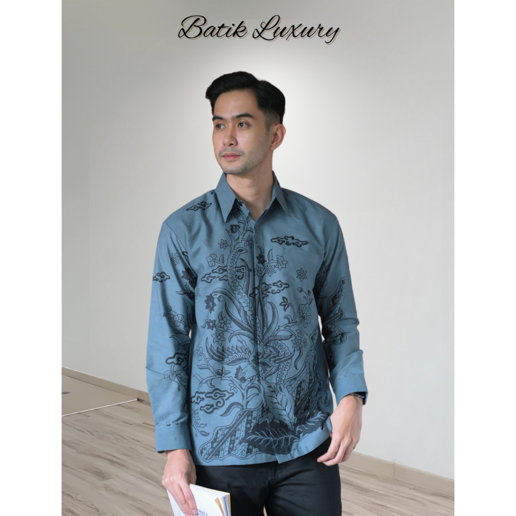 Baju Batik Cowok Lengan Panjang Premiun anak muda modern pria kemeja katun Slimfit Warna Biru