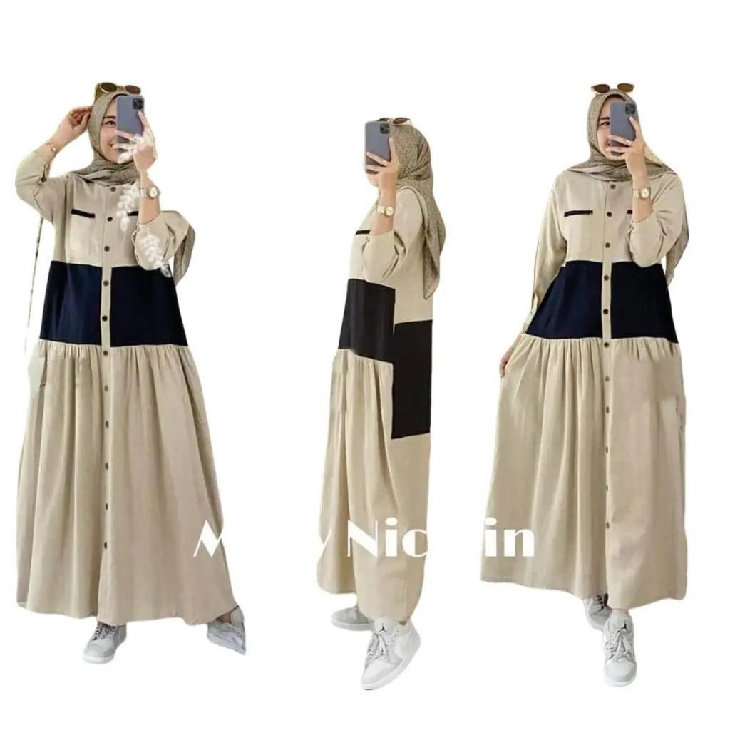 gamis Perempuan Midi Dress Lebaran Fuul Kancing Tangan Panjang Nicolin Teta Terviral terbaru Baju wa