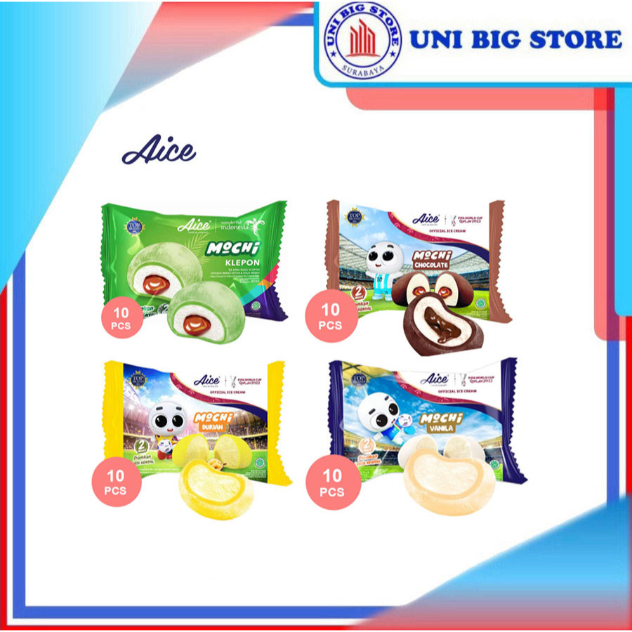 

Aice Ice Cream Mochi Chocolate | Vanila | Klepon | Durian 45 ml 10 pcs Es Krim Moci Coklat