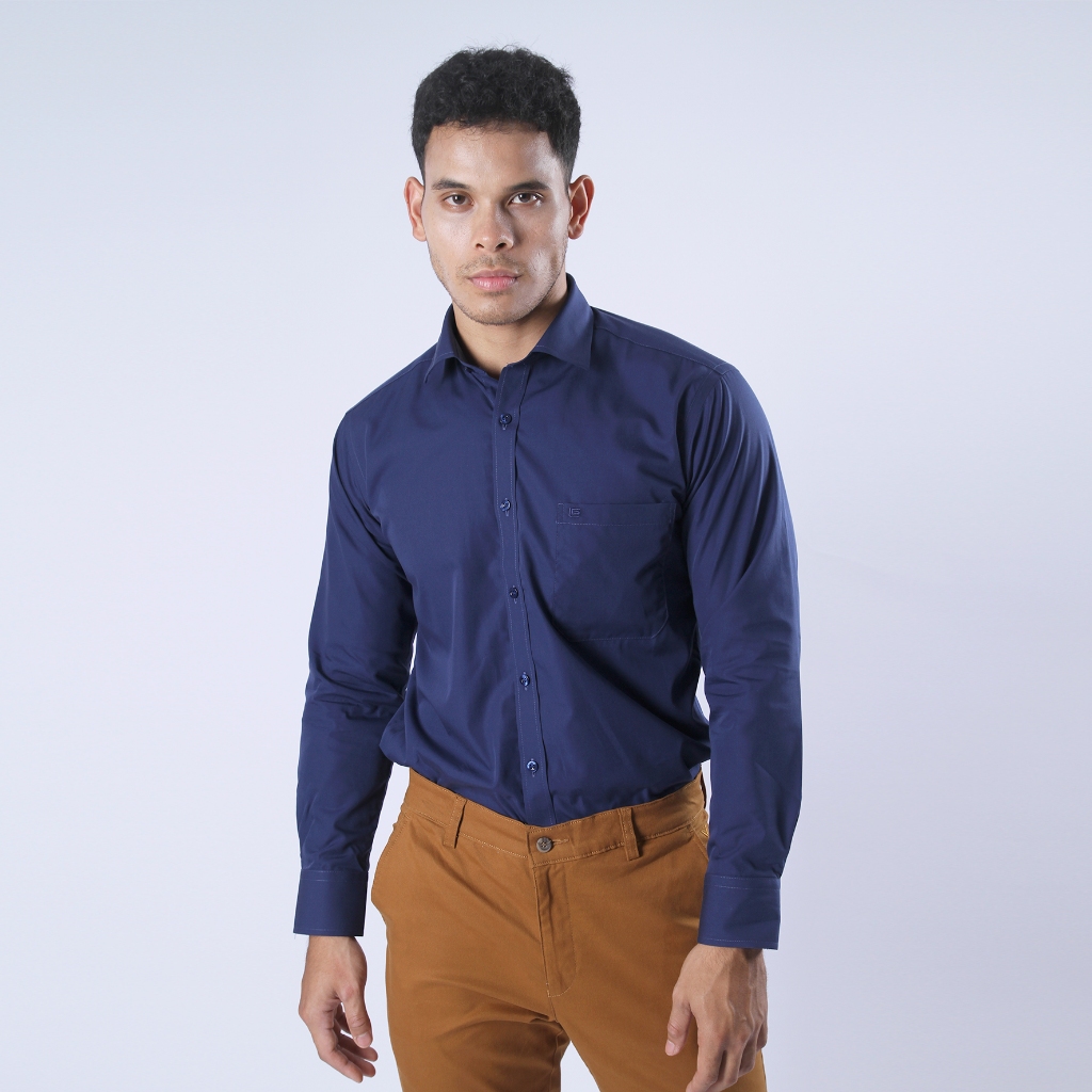 Kemeja Guy Laroche Lengan Panjang Solid Forcas Loca Navy