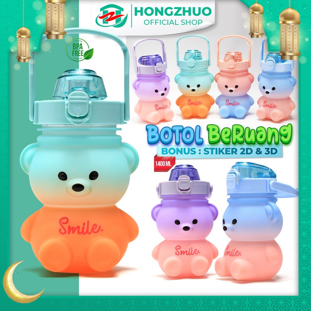 Hongzhuo Botol Minum Gemoy Motif Beruang 1400ML Botol Motivasi Botol Minum Viral terbaru