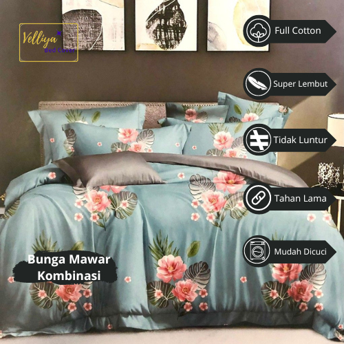 Bedcover Set Cotton Velliya Premium Motif Bunga Mawar Kombinasi Biru Size 150x190x40 180x190x40