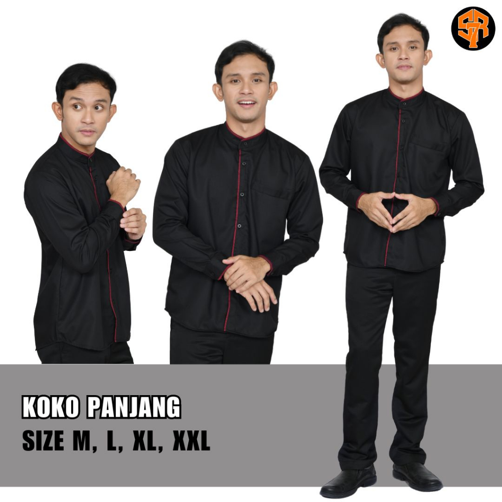 SRSEVEN7 Baju Koko Pria Dewasa Lengan Panjang Kemeja Koko Black