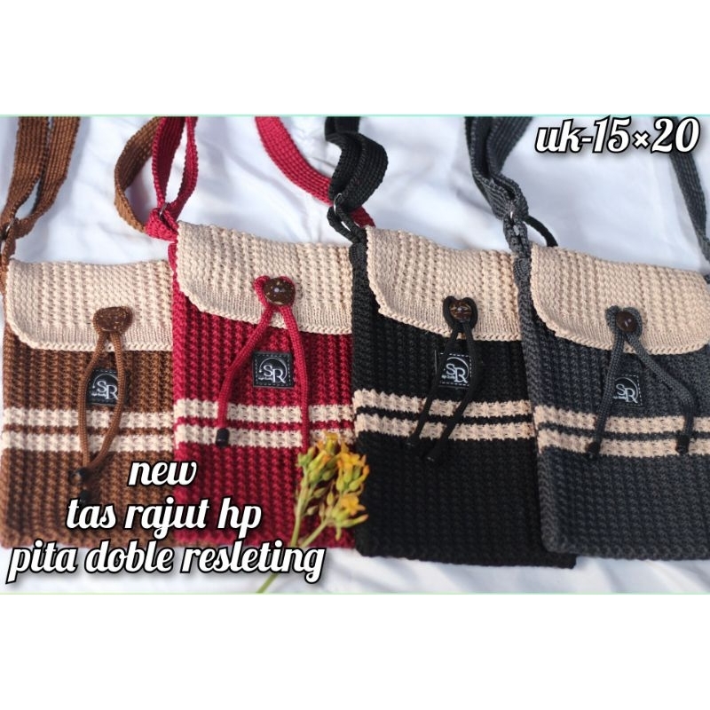 tas hp rajut hp combinasi pita resleting/ tas slempang