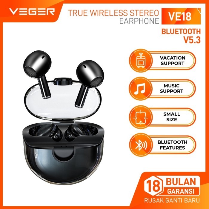 VEGER TWS VE-18 True Wireless In Ear Earphone Headset Bluetooth BT 5.3 Earbuds Original