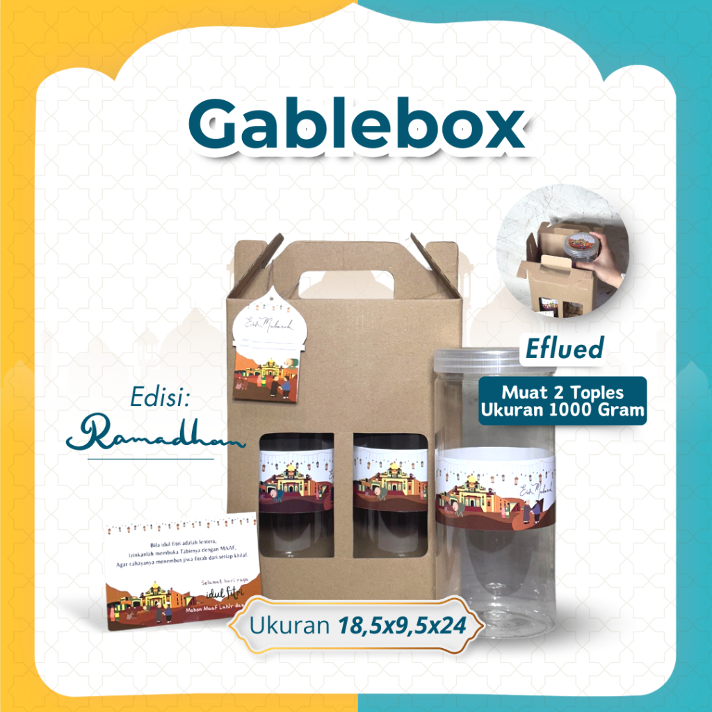 

(Set) E-FLUTE/Gable Box 18,5x9,5x24 cm Box Toples Kue/ Toples 1000gram Isi 2 / Dus jinjing/ Box tenteng
