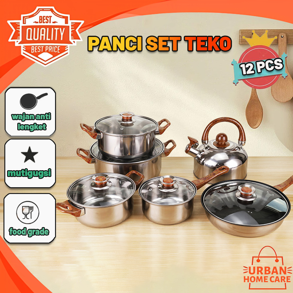 URBAN Panci masak 12 set Stainless Steel tutup kaca/ Alat Masak Stainless/ALAT MASAK LENGKAP PLUS TE