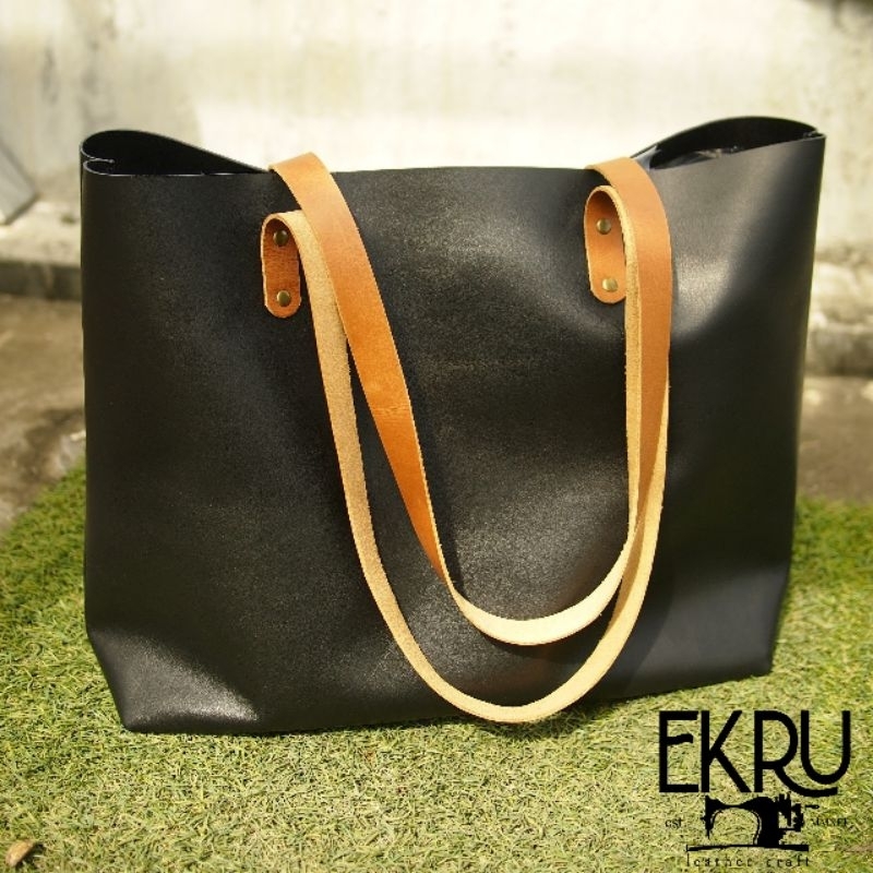 VIVALDI BAG - Black Italian Full Grain Cow Leather Shopper Tote Bag Raw Design