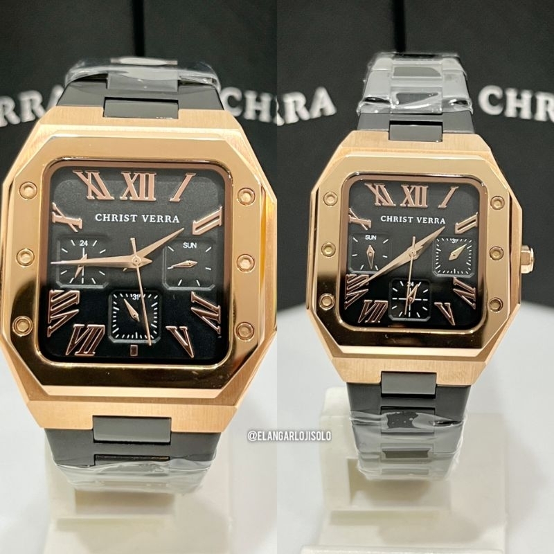 JAM TANGAN COUPLE CHRIST VERRA CV 921790 BLACK ROSEGOLD ORIGINAL