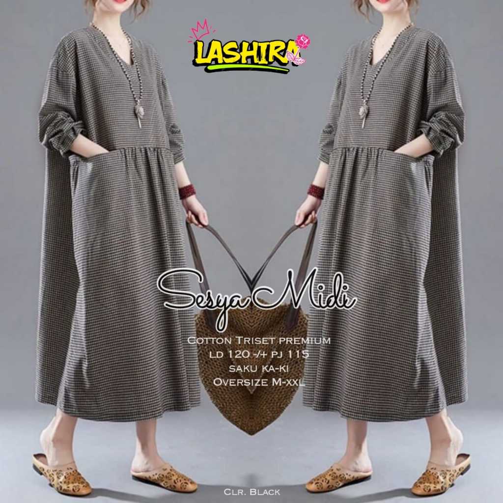 sesya dress dres drees baju pakaian gamis midi big over size ukuran jumbo ld 120 xxxl bahan katun mo