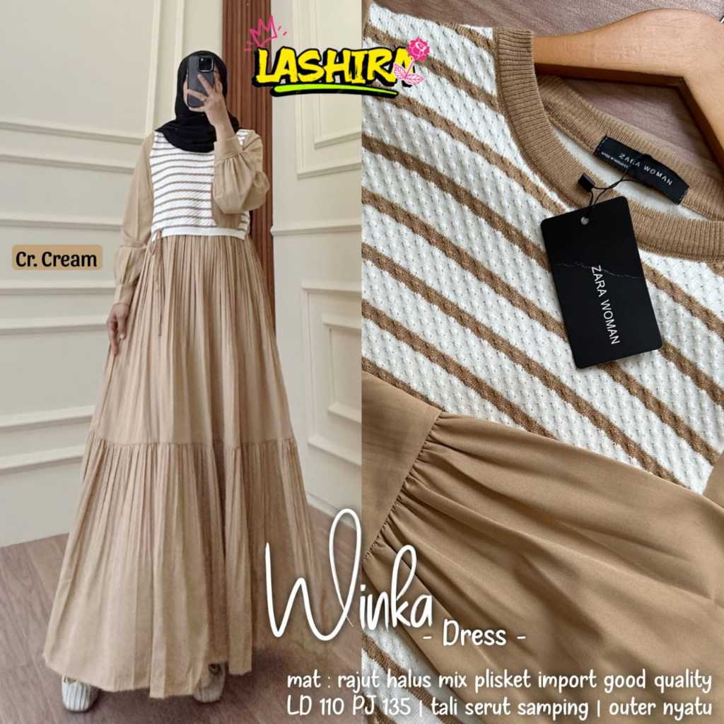 winka dress dres maxy maxi pakaian baju gaun gamis pesta lebaran bahan rajut plisket import melar wa
