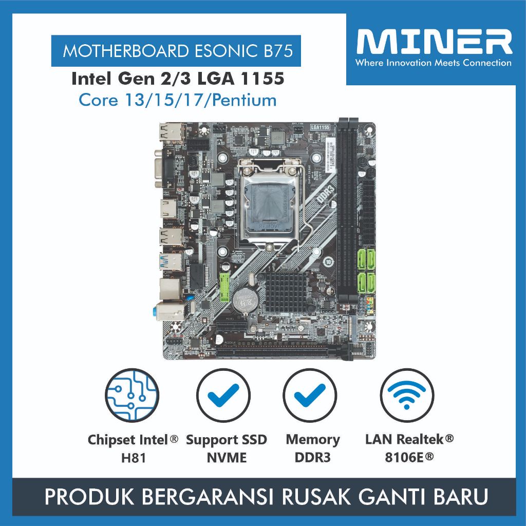 MINER Motherboard Esonic B75 Processor Intel Gen 2/3 LGA 1155 Core I3/I5/I7/Pentium Support SSD NVME