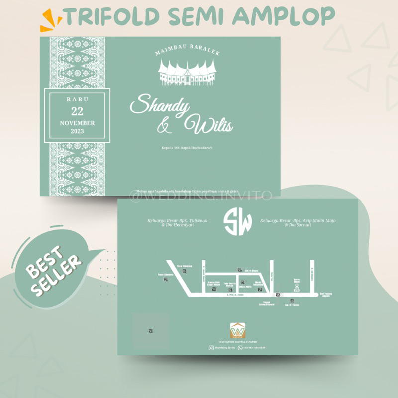 [MINANG] Cetak Undangan Batik-Putih Hijau Pastel Semi-Amplop Pernikahan Separasi Custom Kertas/Paper