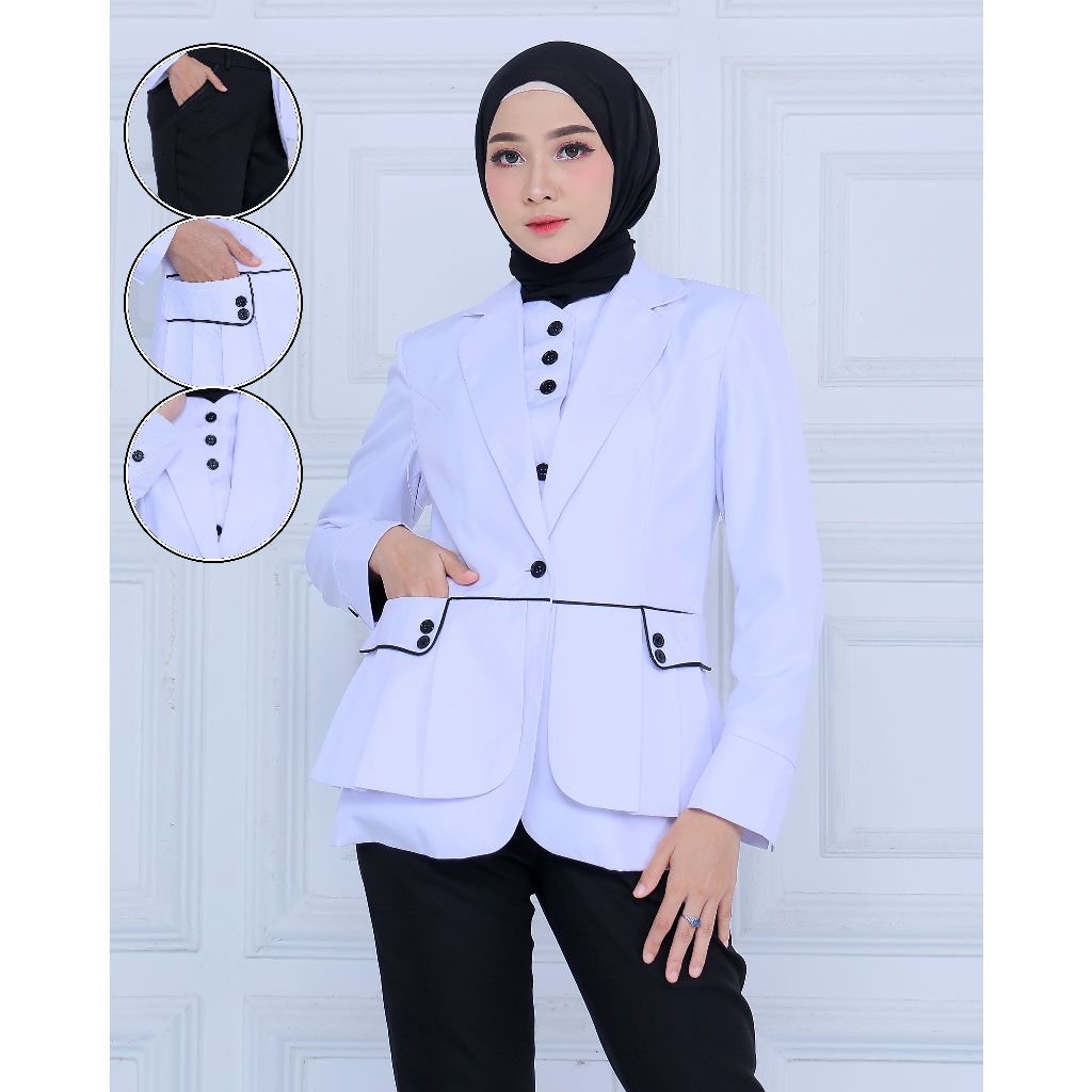 Seragam Hitam Putih Rompi Rempel Kancing Hitam Wanita Set Rok Span/Rok.A/Celana Panjang Free Hijab