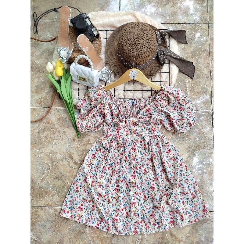 Mididress RAINBOW flowery floral bunga bunga kerut smok lengan balon sabrina mini dress pantai manta