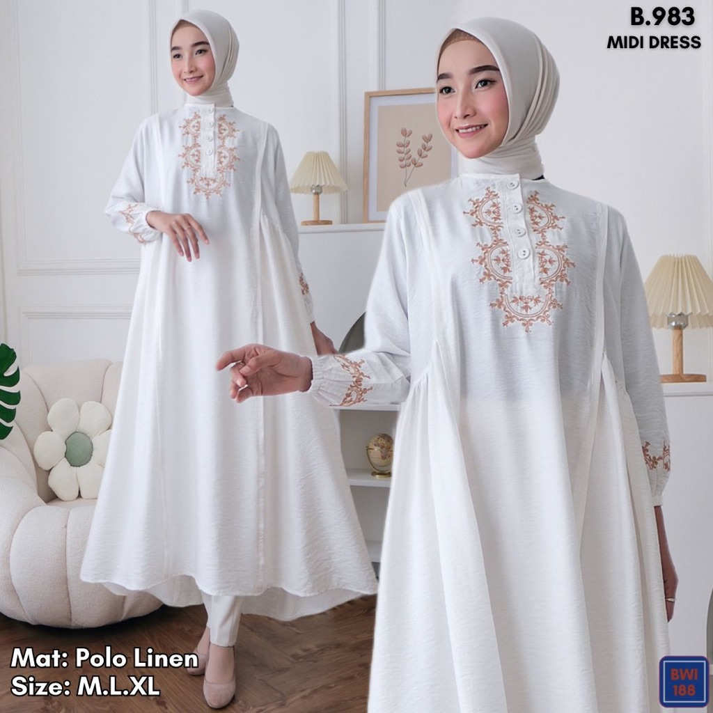 (983B) Bordir Midi Dress Putih Polo Linen Motif Bunga Rempel Samping Tangan Karet Pakaian Muslim Size M L XL LD 100-108