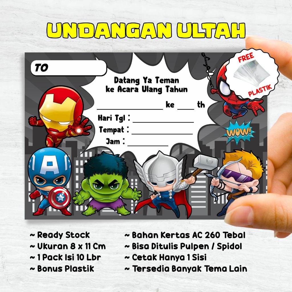 Undangan Ulang Tahun Kartu Pesta Anak Laki-laki Ulang Tahun Karakter Superhero Avvengeer isi 10