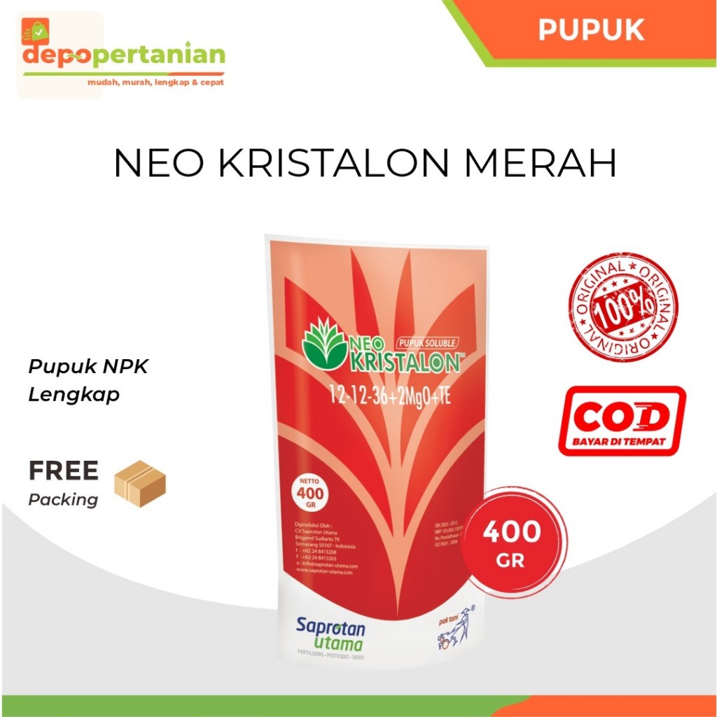 Depo Pertanian - Pupuk Neo Kristalon Merah 12-12-36+2Mg0+TE 400 gram Pupuk Majemuk Masa Pertumbuhan 