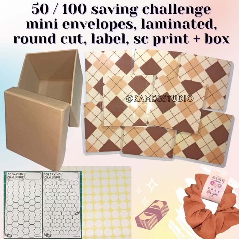 

50 - 100 mini amplop tantangan menabung BROWN | saving challenge laminating + box | kamegstudio