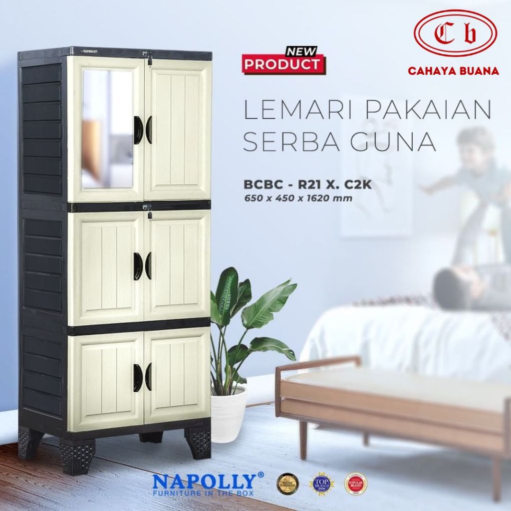 Lemari Plastik 2 Pintu Minimalis Tatakan + Kaca / Napolly BCBC R21X CK / Kos Kosan / Rumah Tangga / 
