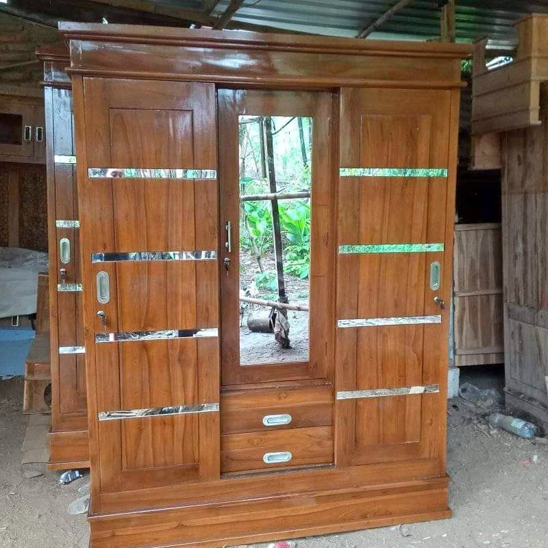 Promo Lemari Pakaian Minimalis Kayu Jati Solid 3 Pintu Geser