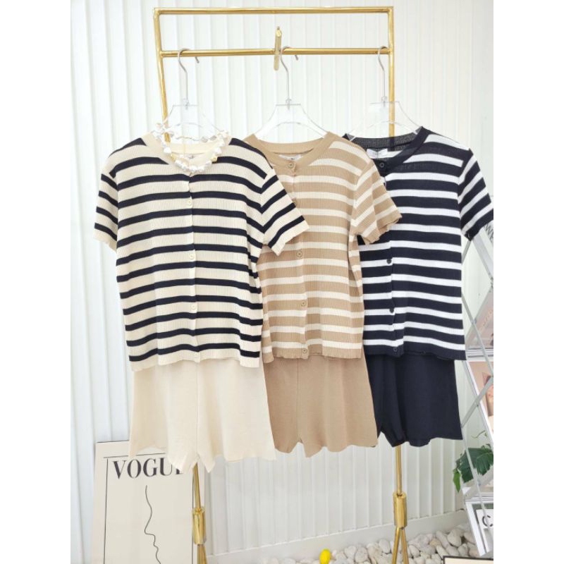 TP-006 ONE SET KNIT TOPPING BANGKOK | SETELAN CELANA PENDEK RAJUT CEWEK STRIPE IMPORT