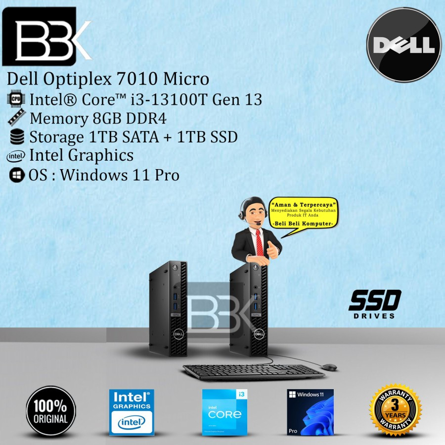 CPU DELL Optiplex 7010 Micro i3-13100T 8GB 1TB+1TB SSD W11PRO 3YR