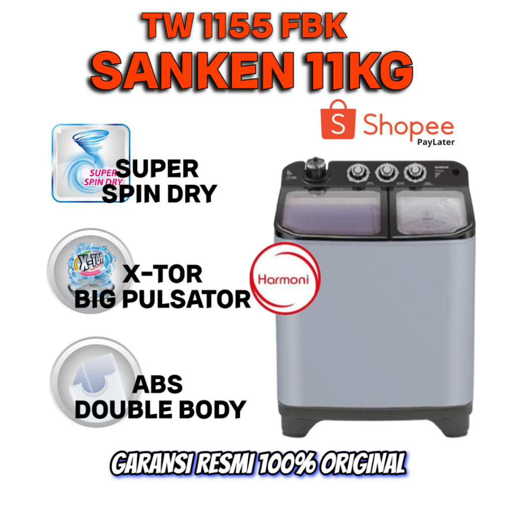 MESIN CUCI SANKEN 11KG TW 1155 FBK MESIN CUCI SANKEN TW 1155 FBK 2 TABUNG 11 KG MESIN CUCI SANKEN TW