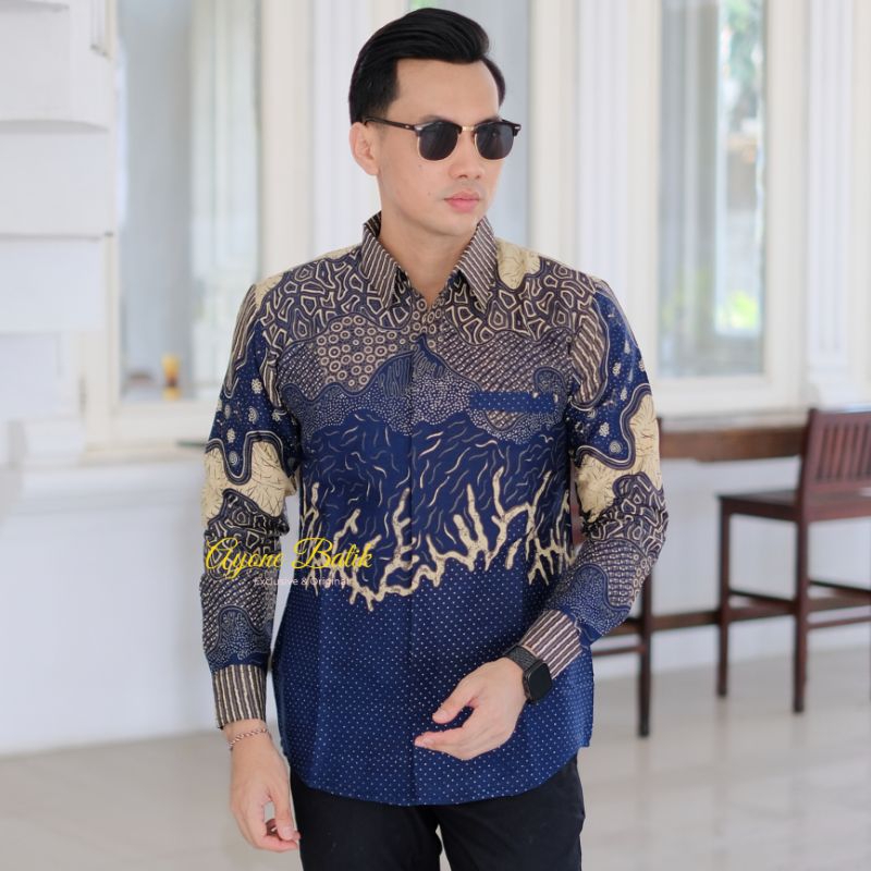 Kemeja batik slim fit warna biru lengan panjang ANGKASA atasan batik pria mewah kemeja batik pria sl