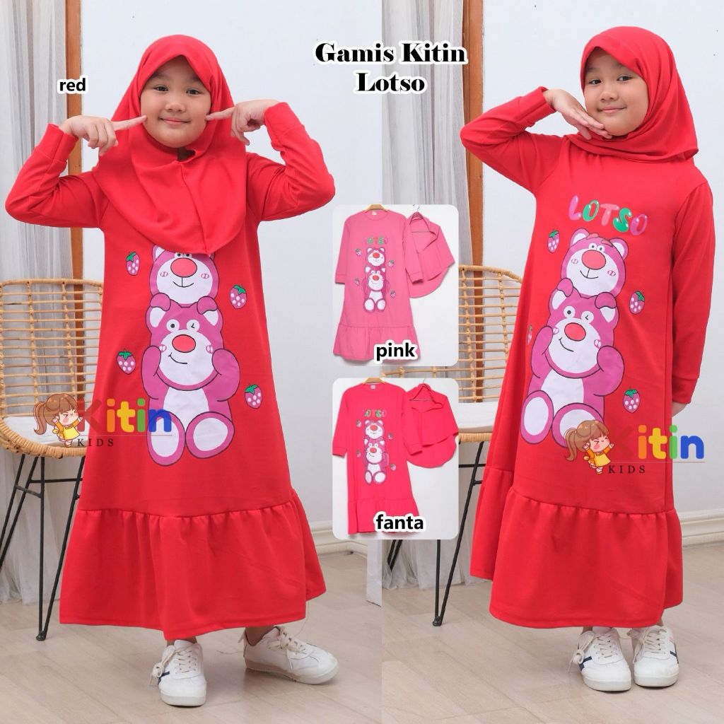 KITIN - GAMIS ANAK SET HIJAB 2-9 TAHUN MOTIF LOTSO BEAR TOY STORY BAHAN RAYON LICIN TUNIK JILBAB LEB