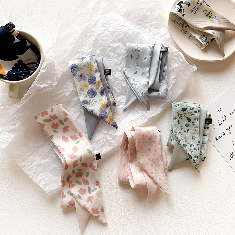 KOREAN TWILLY MOTIF BUNGA SILK SATIN SCARF BAG SHAWL RIBBON STYLE BASIC FLOWER SOFT PASTEL HAIR NECK