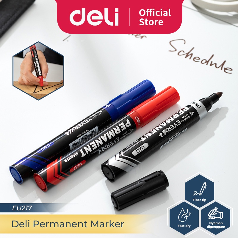 Deli Permanent Marker / Spidol Permanen Tinta Tidak Bisa Dihapus Isi 12 pcs Spidol Hitam Biru Merah 