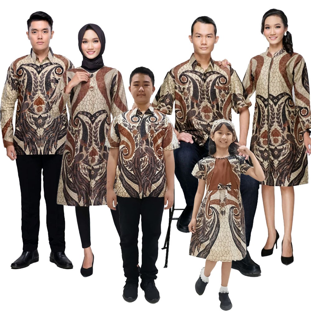 Set Pakaian Keluarga Couple Sarimbit Kemeja Dress Hem Anak Tunik Batik Amalia Coklat