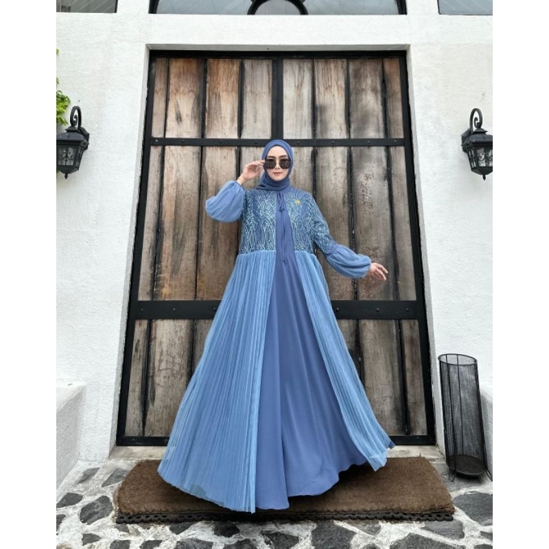 Gamis Laiqa set 3in1 Gamis set hijab +outer Bahan gamis full Ceruty + outer plisket tille by nita