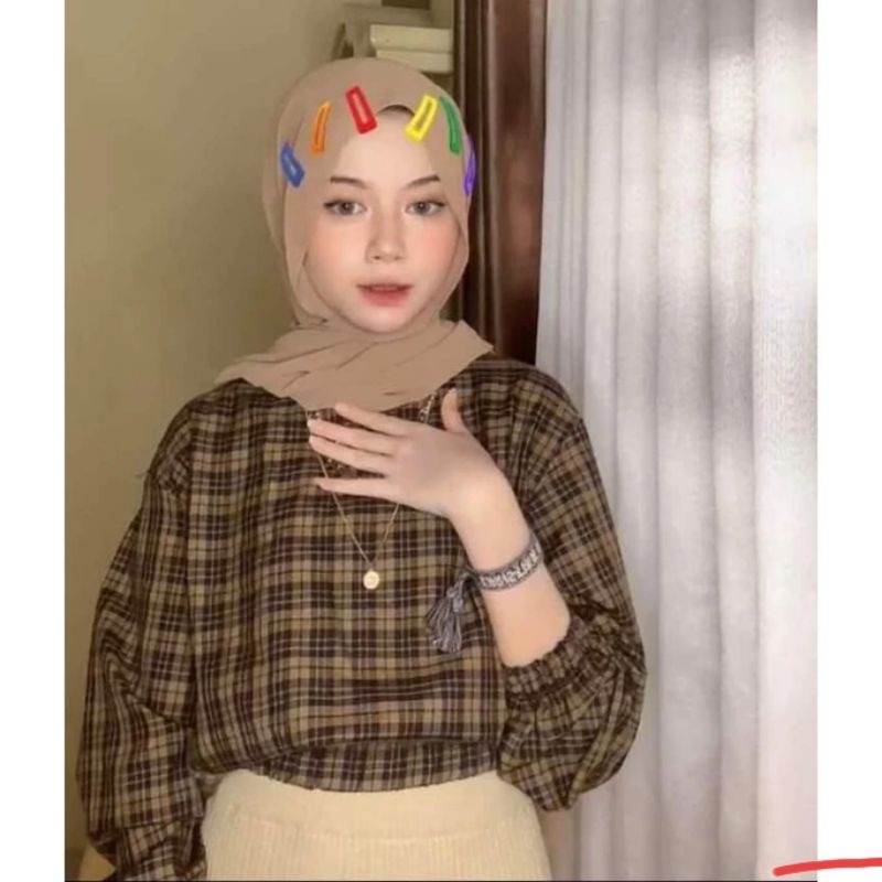 TARTAN CROP BLOUSE | KEMEJA CROP | LENGAN KARET BALON | BEST SELLER COD